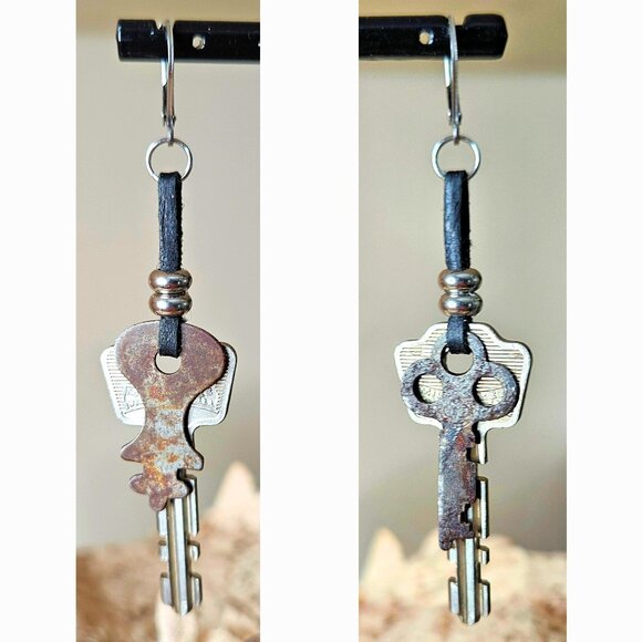 Vintage Key Earrings Black Leather Silver Stainless Steel Rustic Long Drop Charm - Picture 4 of 10